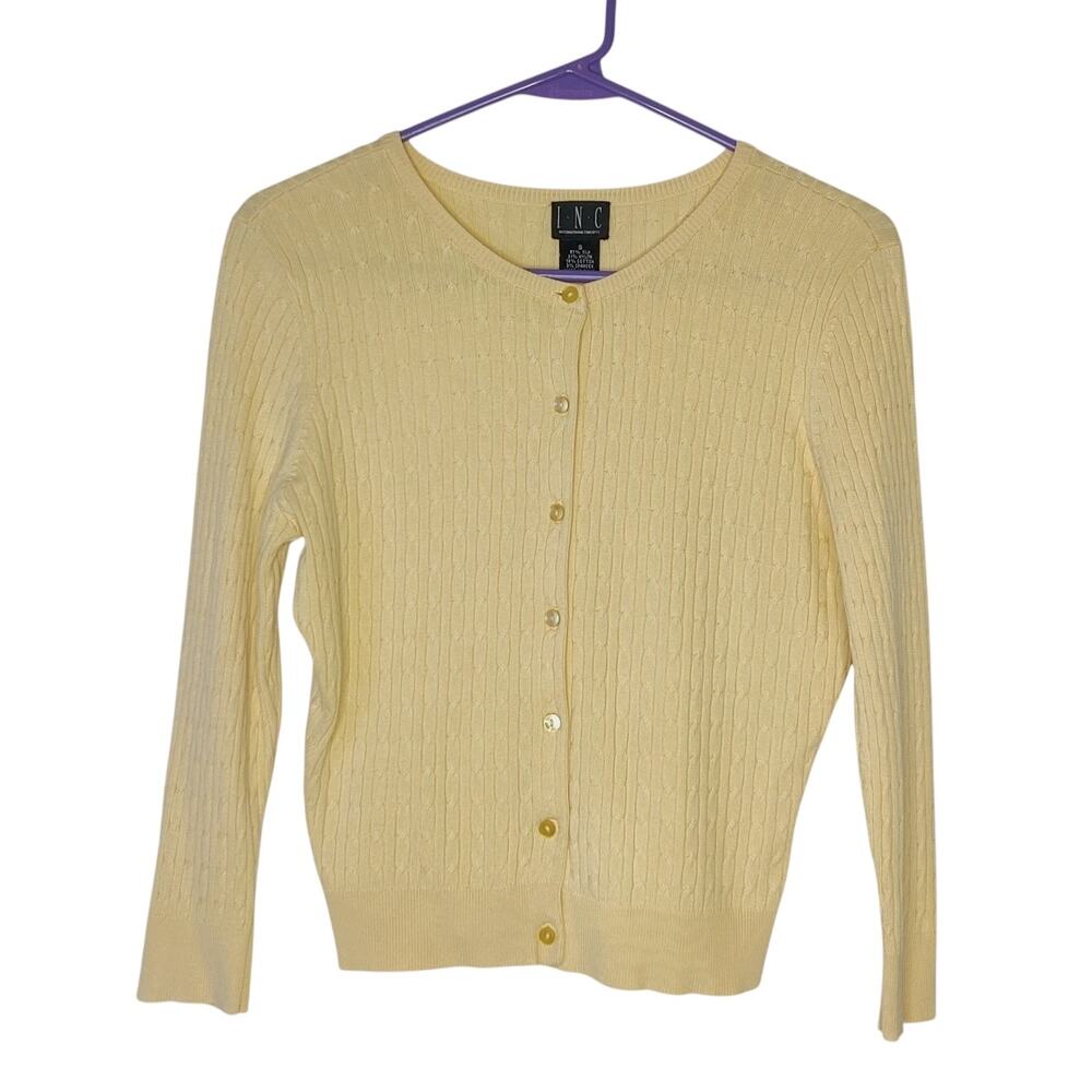 Vtg INC Silk Blend Butter Yellow Slim Fit Cable Knit Preppy Cardigan Small